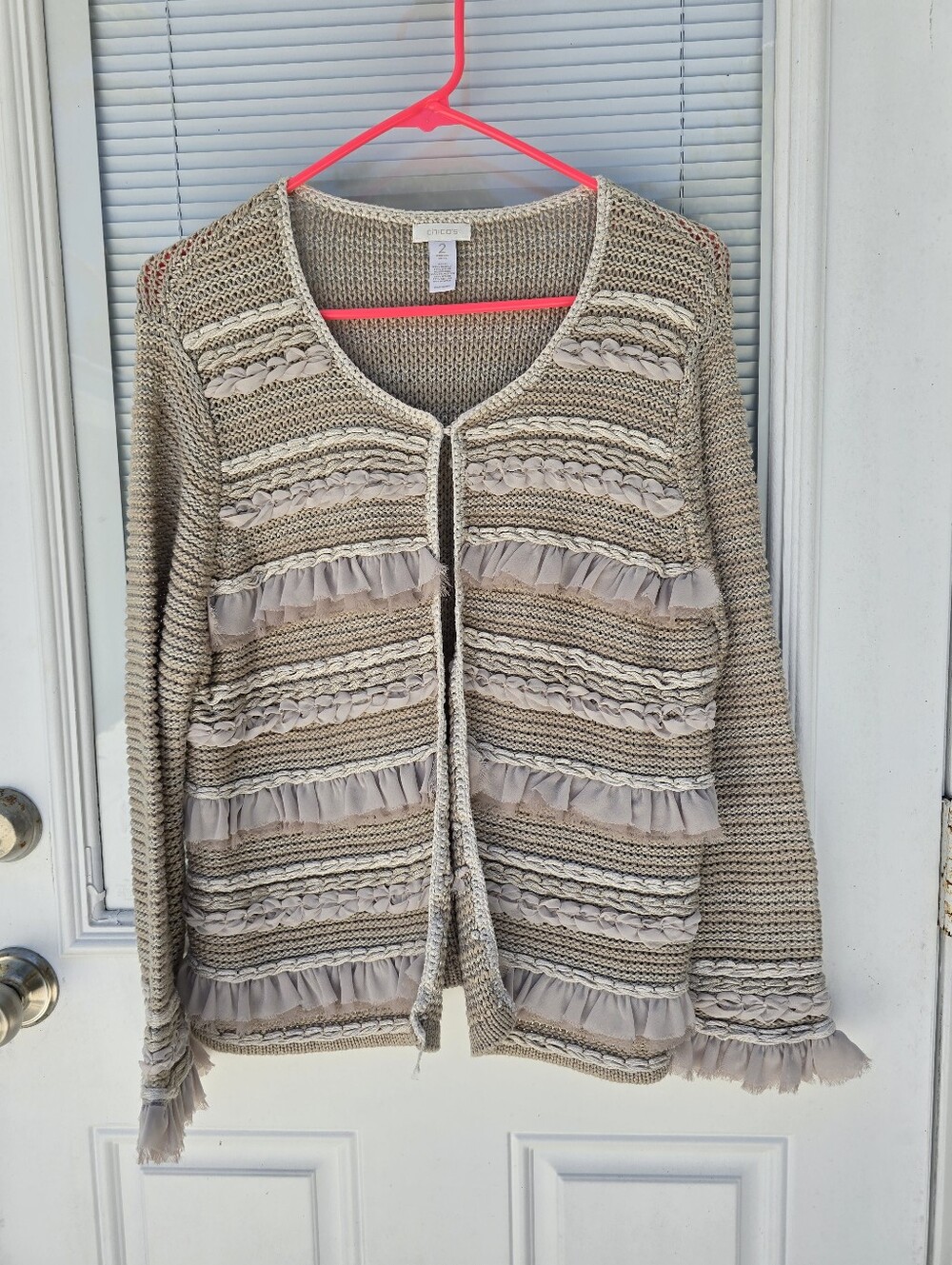 Chico's Neutral Beige Ruffle-Trim Open Cardigan